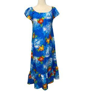 Vtg ROYAL HAWAIIAN Tropical Floral Blue Dress Womens 10 Hibiscus Ruffle Tiki Med